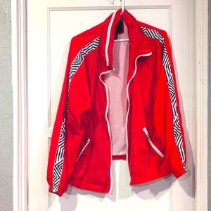 Forever 21 1X Rain Slicker Jacket Red with white and black sleeve design